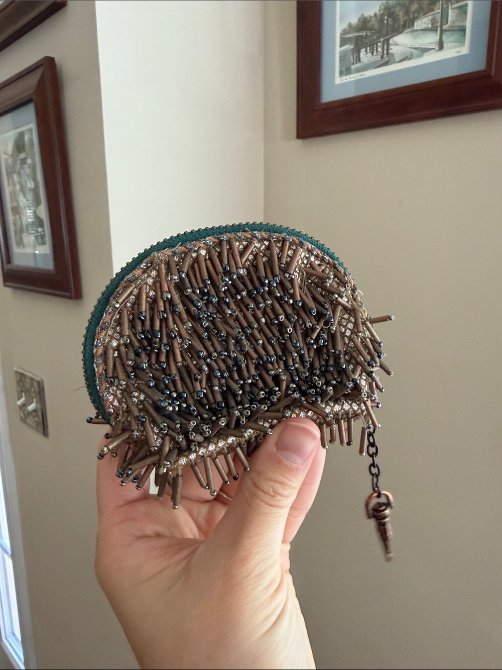 Anthropologie Beaded Coin Pouch in Brown with Green Trim